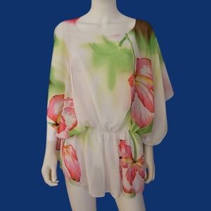 Vtg LE MODA Sheer Tropical Floral Peplum Cover-up Chiffon Dolman Sleeve Tiki Top